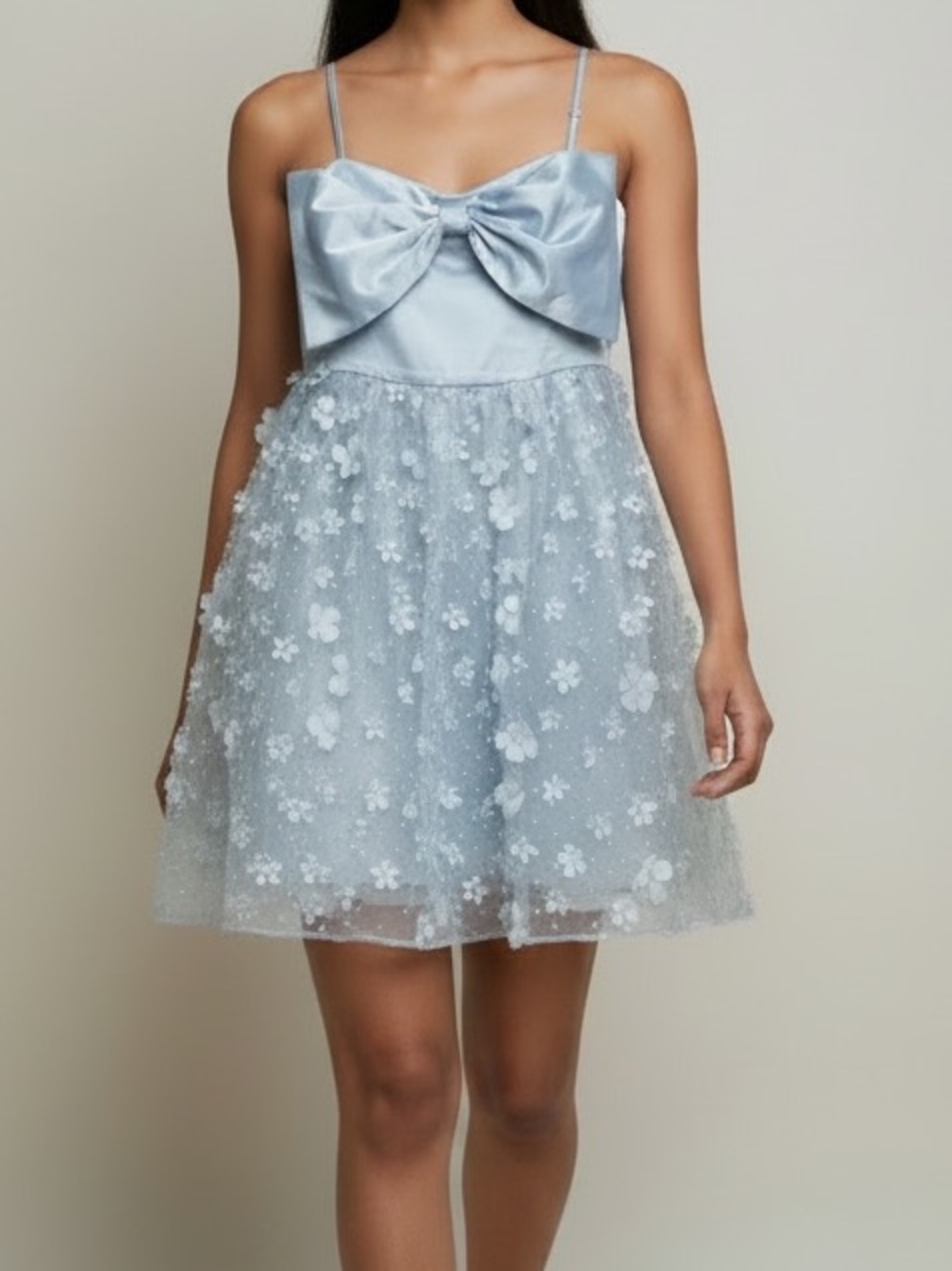 Evolutionary Apparel Lite Blue Satin Bow Floral Tulle MiniDress M Babydoll Fairy